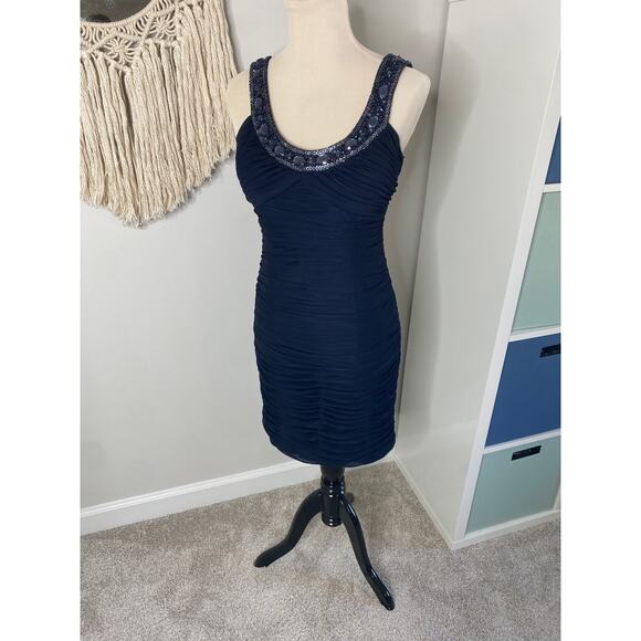 Vintage Cache Y2K Navy Beaded Scoop Neck Chiffon Bodycon Mini Dress 6 - Picture 1 of 9